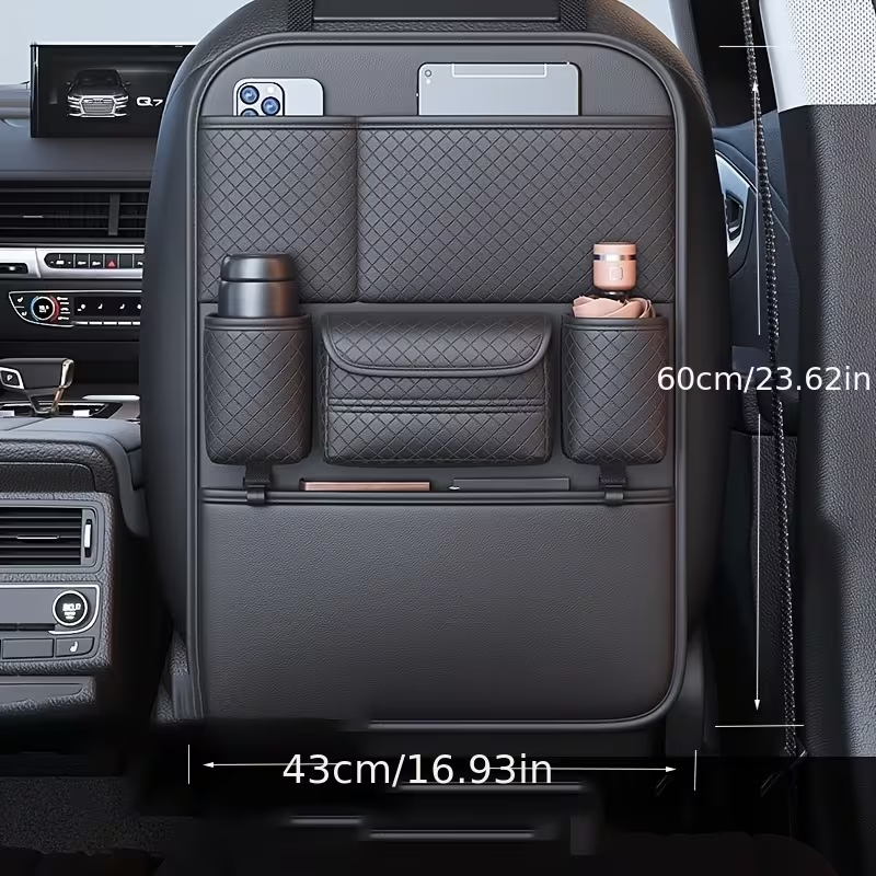 image_2026-08-03_13-28-24 1pc Front and Rear Car Seat Back Organizer with Two Cup Holders, Car Tissue Box, and Multi-functional Storage, Convenient Rear Row Storage, PU Leather, Kick-Proof, Easy to Clean - Image 1